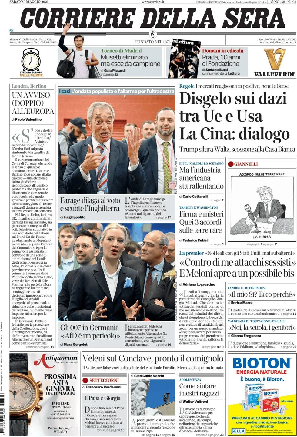 anteprima della prima pagina di corriere-della-sera del 03/05/2025