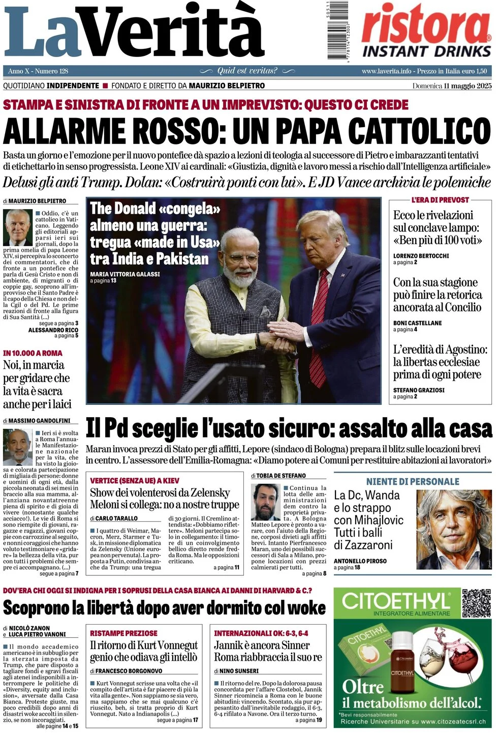 anteprima della prima pagina di la-verit del 11/05/2025