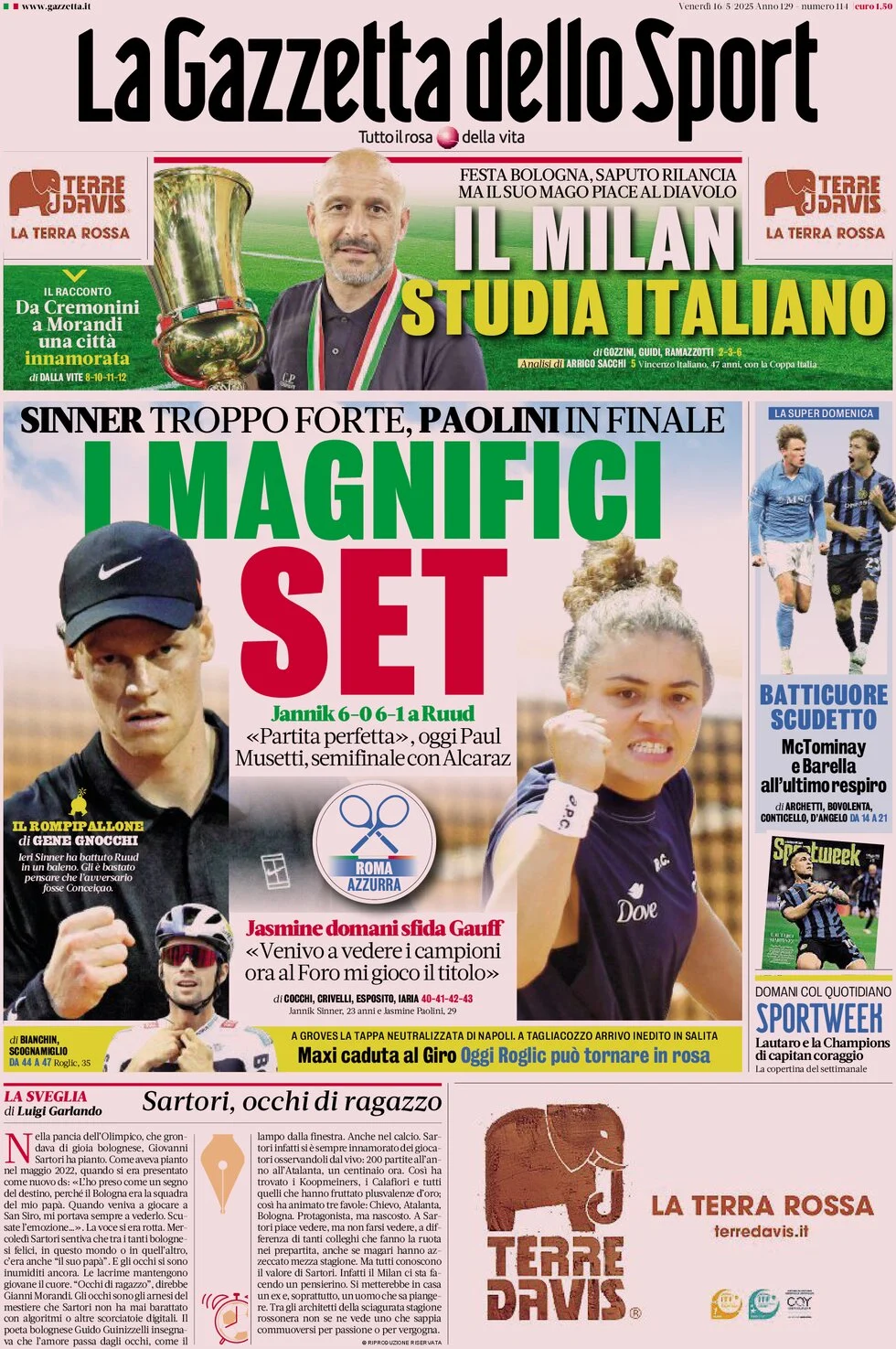 Anteprima prima pagina della rasegna stampa di ieri 2025-05-16 - la-gazzetta-dello-sport/