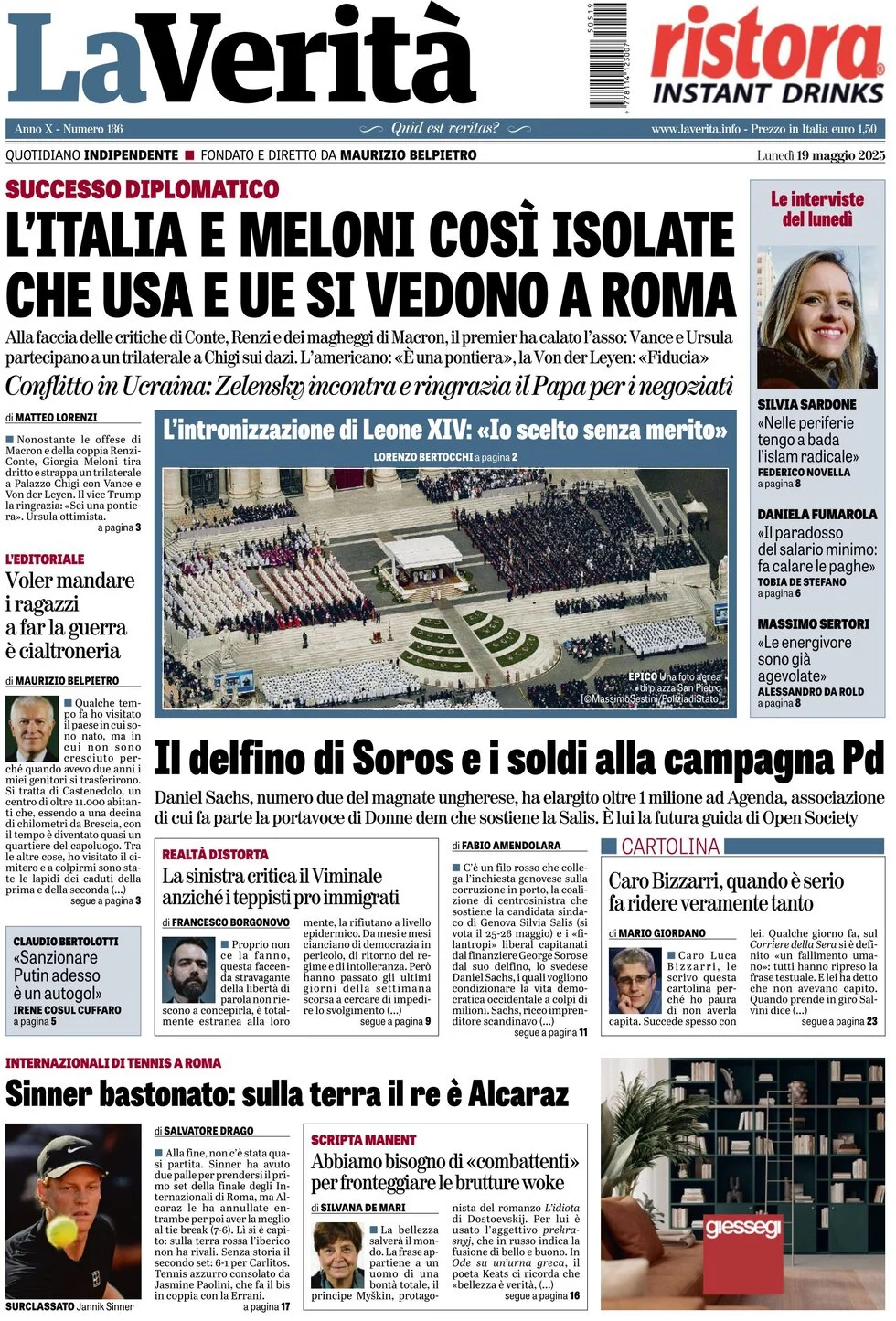 anteprima della prima pagina di la-verit del 19/05/2025