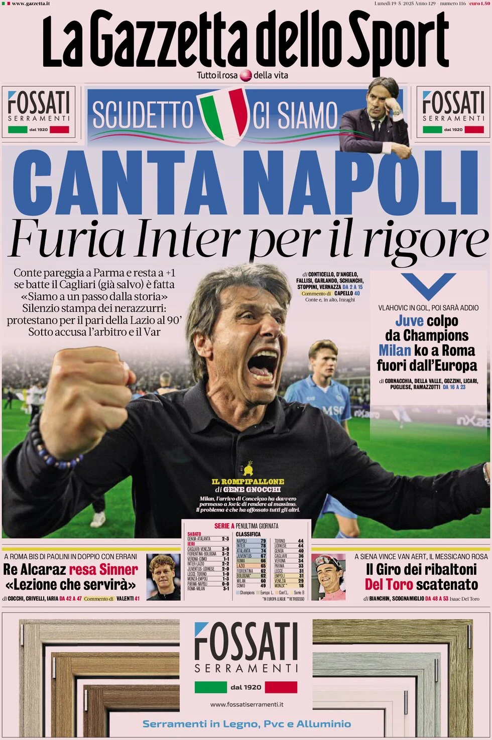 anteprima della prima pagina di la-gazzetta-dello-sport del 19/05/2025