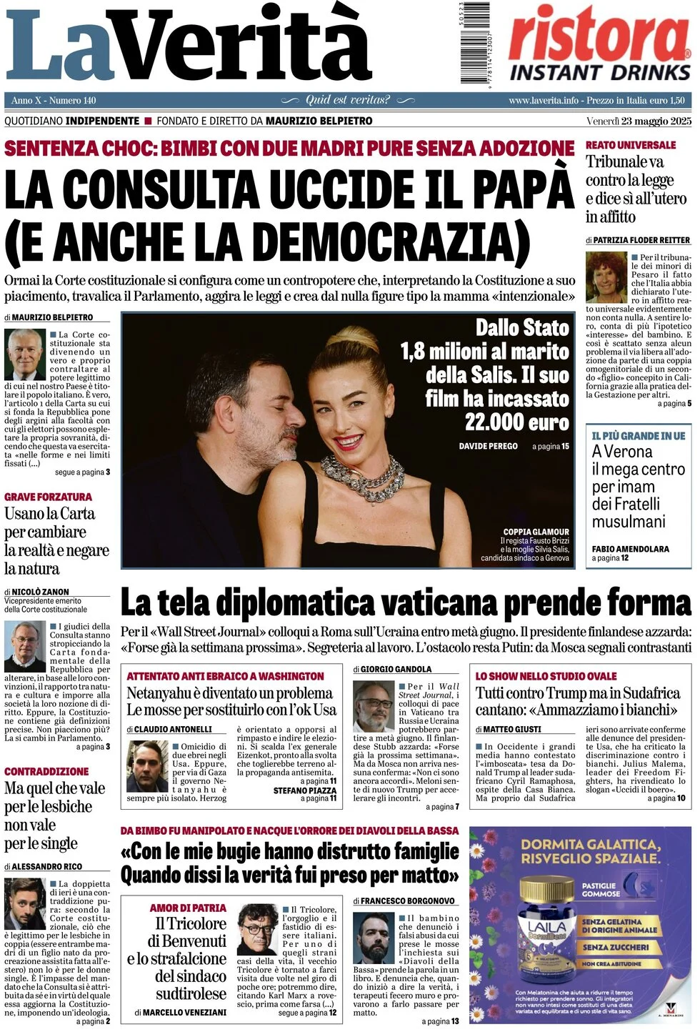 anteprima della prima pagina di la-verit del 23/05/2025