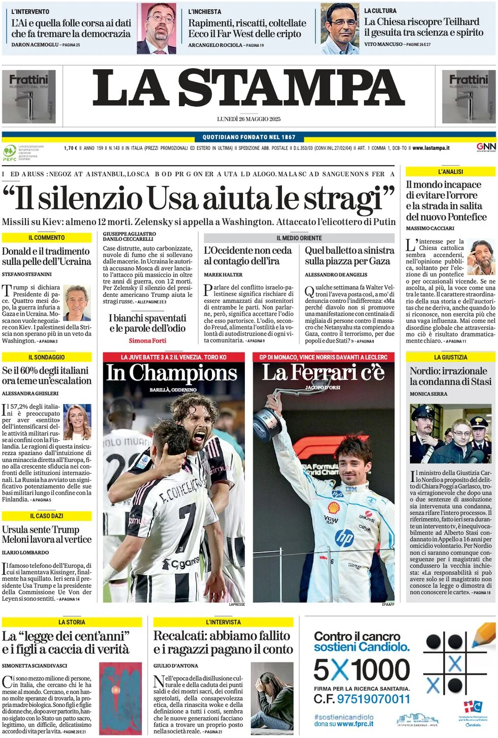 anteprima della prima pagina di la-stampa del 26/05/2025