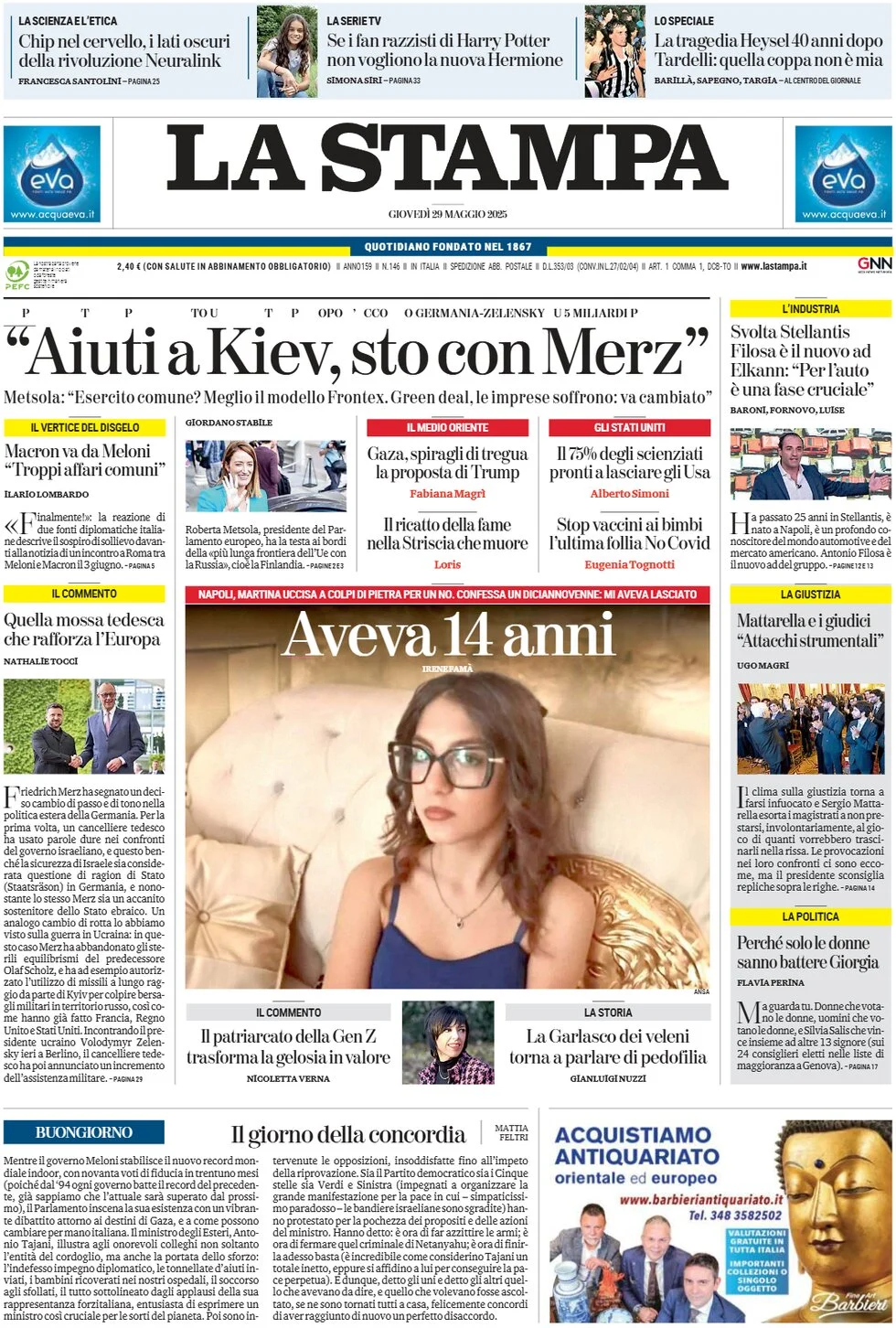 anteprima della prima pagina di la-stampa del 29/05/2025