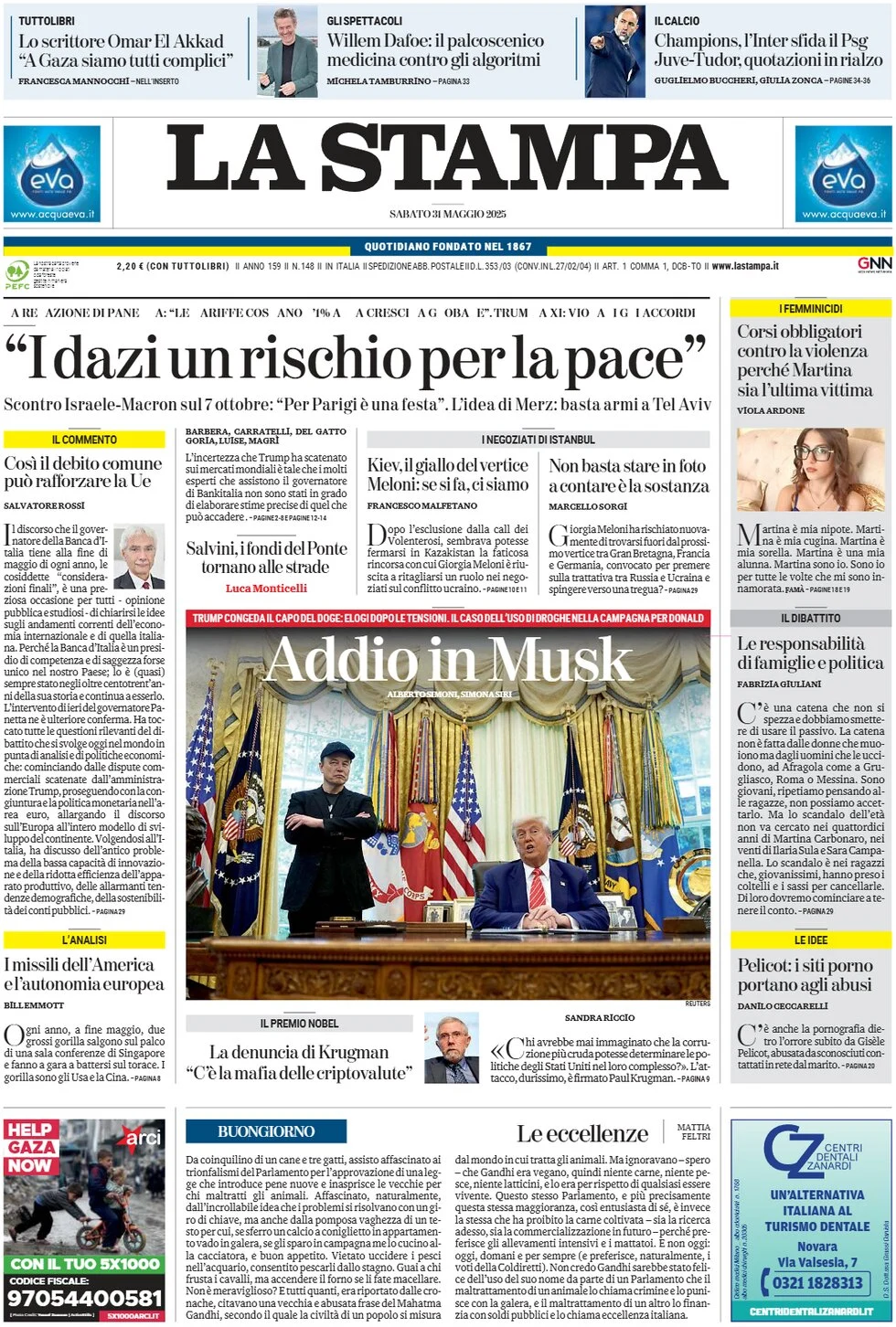 anteprima della prima pagina di la-stampa del 31/05/2025
