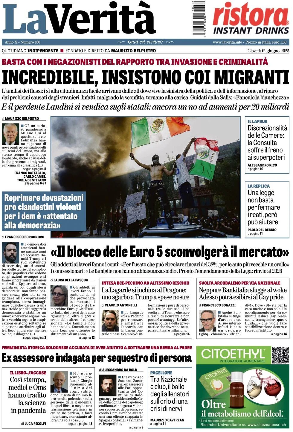 anteprima della prima pagina di la-verit del 12/06/2025