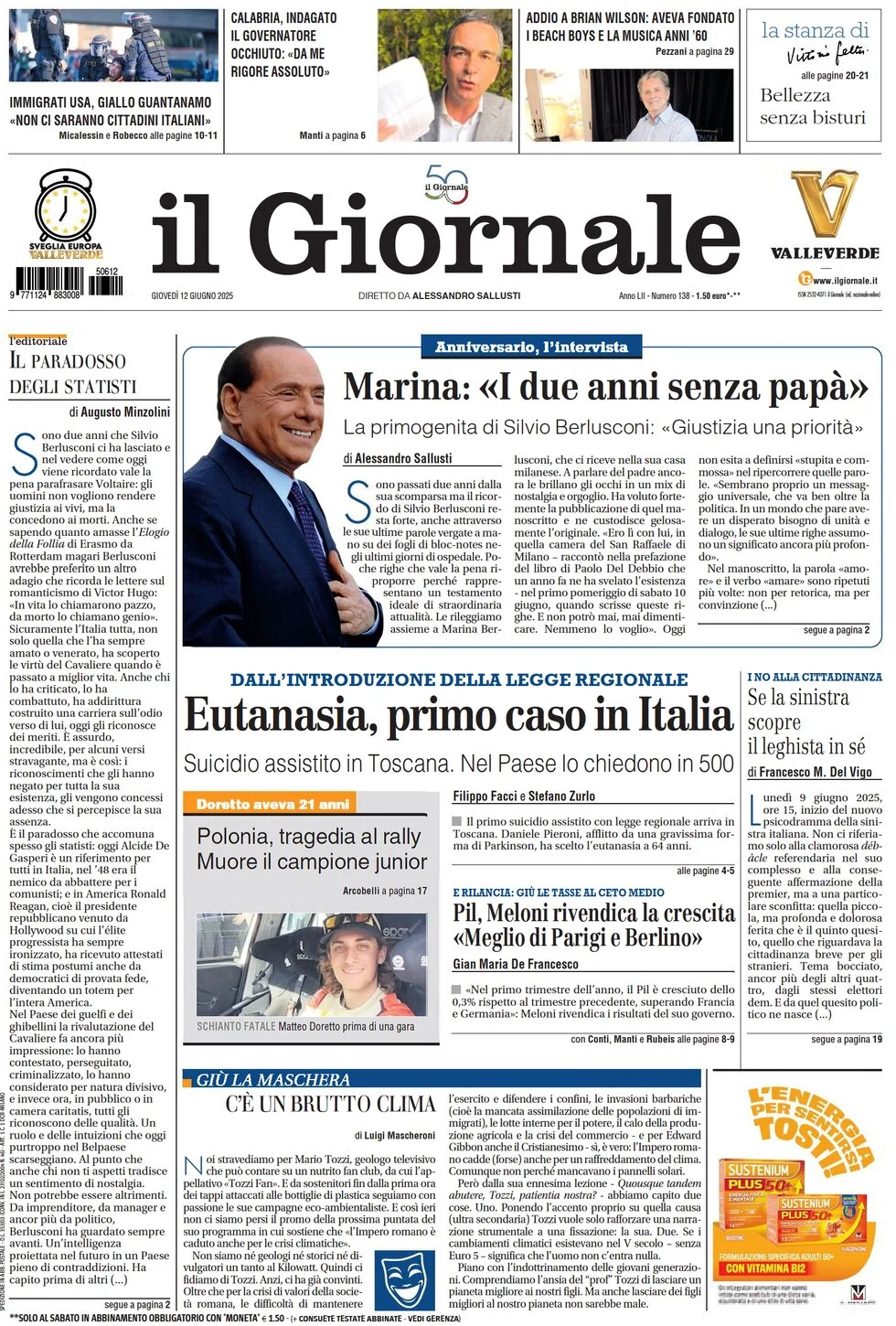 anteprima della prima pagina di il-giornale del 12/06/2025