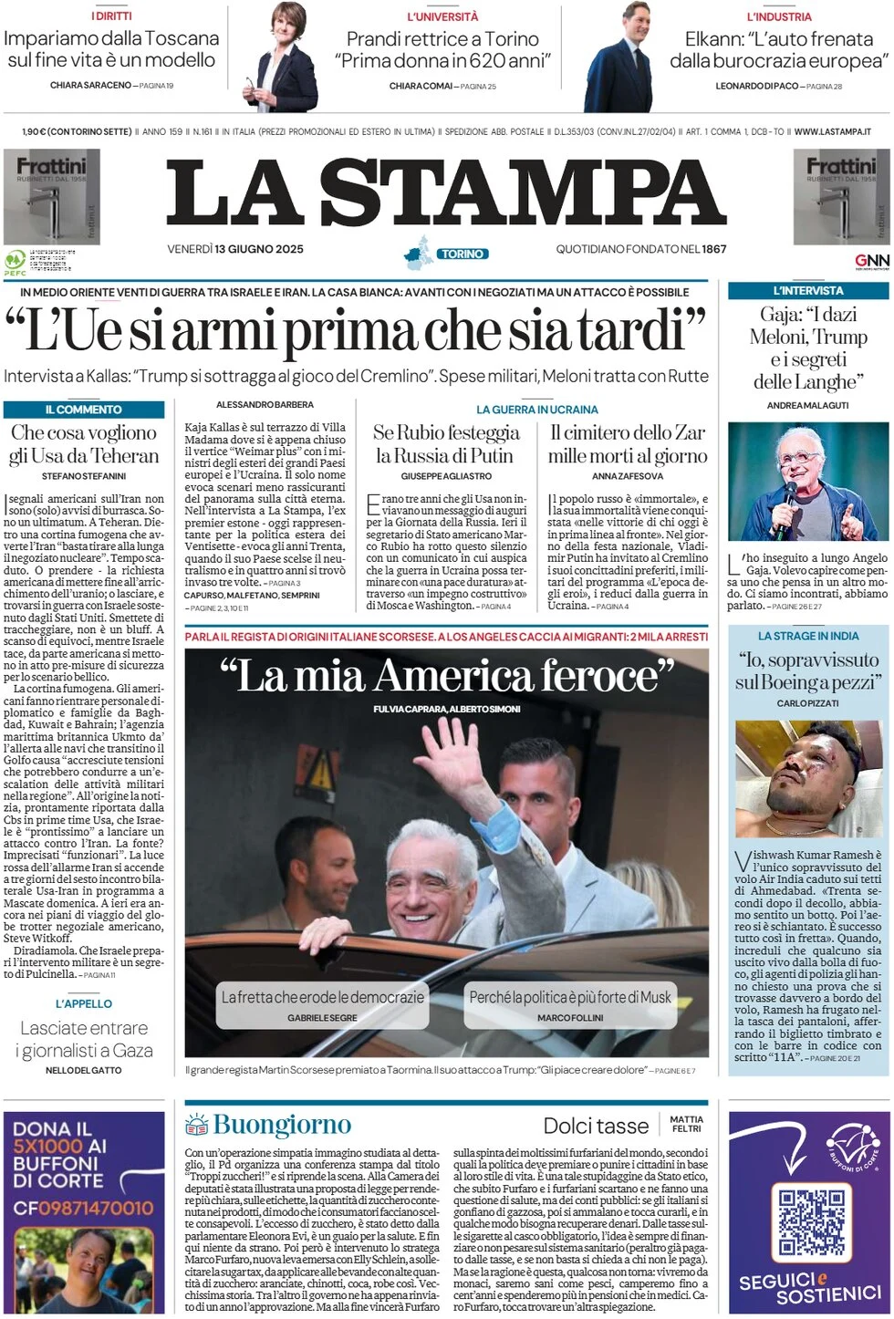 anteprima della prima pagina di la-stampa del 13/06/2025