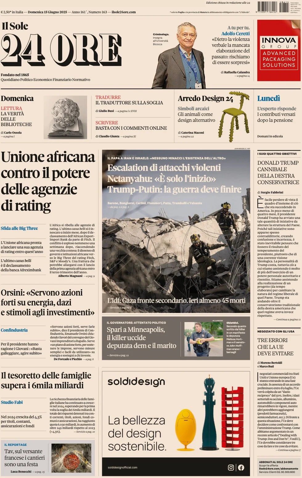 anteprima della prima pagina di Il Sole 24 Ore