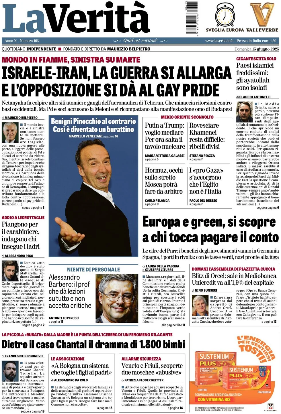 anteprima della prima pagina di La Verità