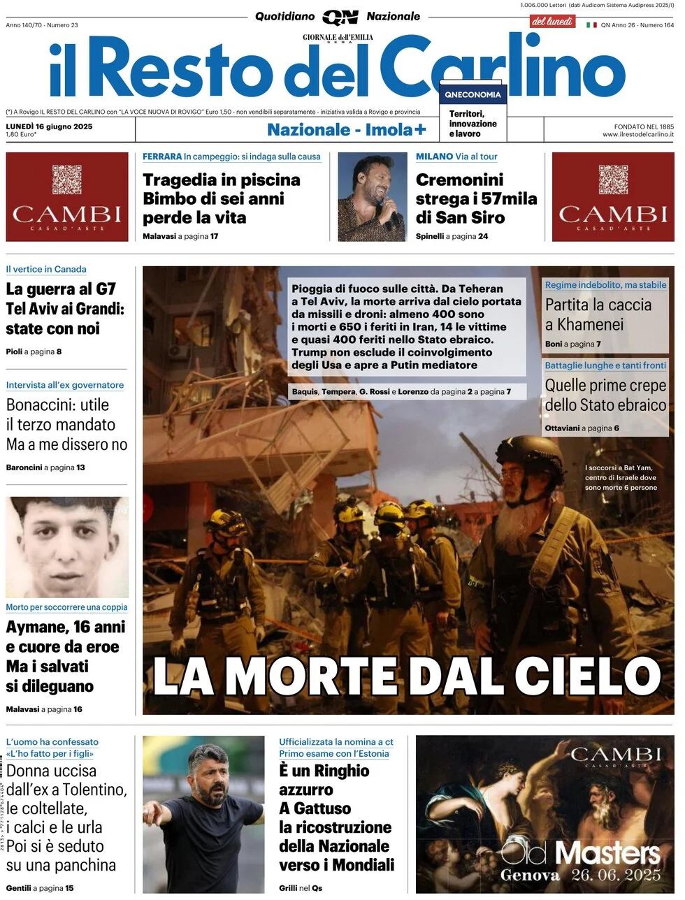 anteprima della prima pagina di Il Resto del Carlino