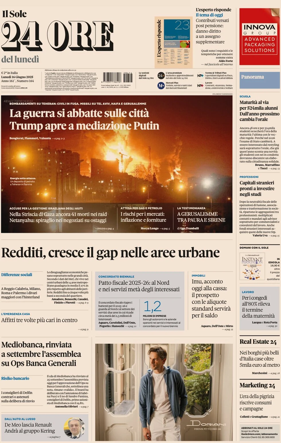 anteprima della prima pagina di Il Sole 24 Ore