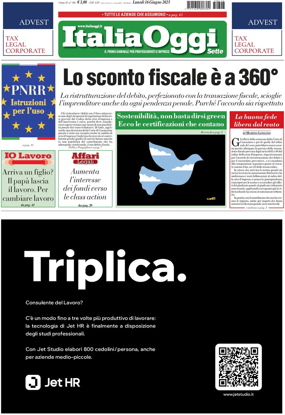 anteprima della prima pagina di ItaliaOggi