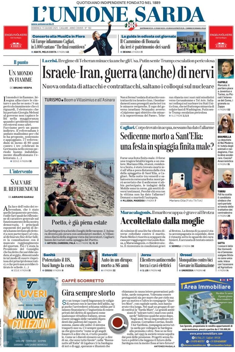 anteprima della prima pagina di L'Unione Sarda