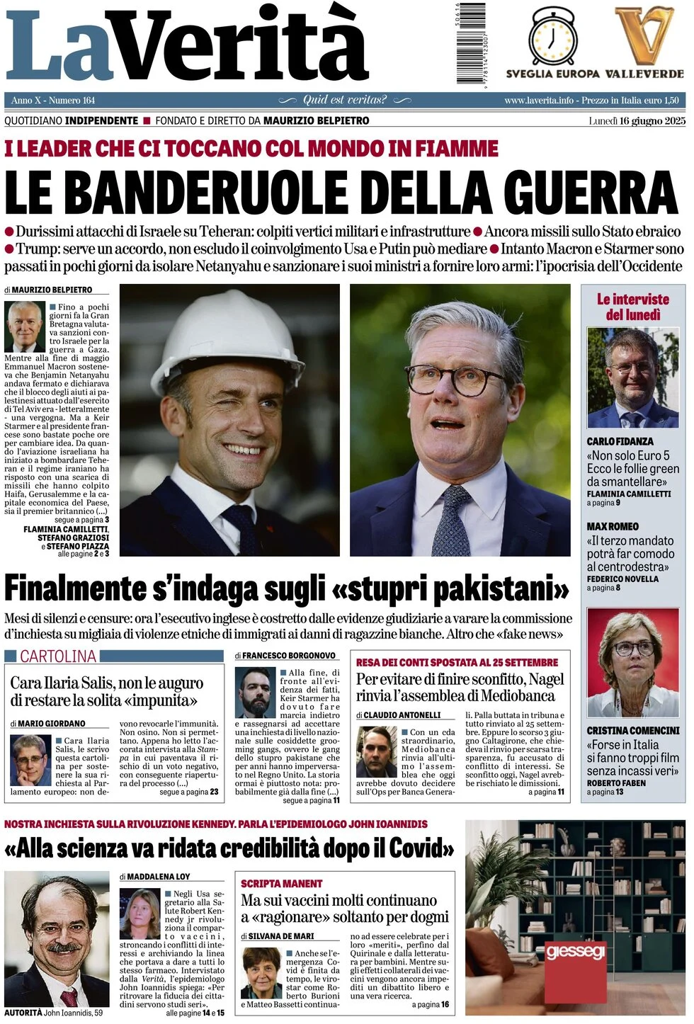 anteprima della prima pagina di La Verità
