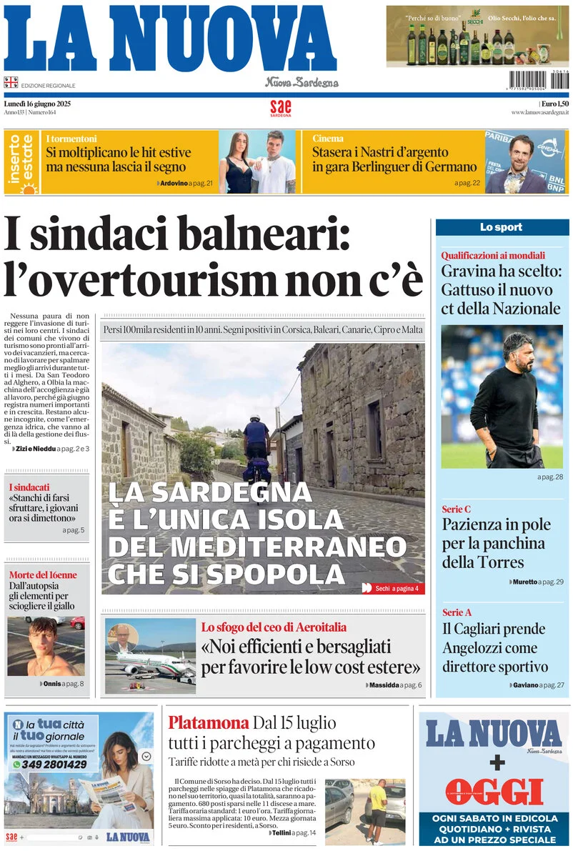 anteprima della prima pagina di La Nuova Sardegna