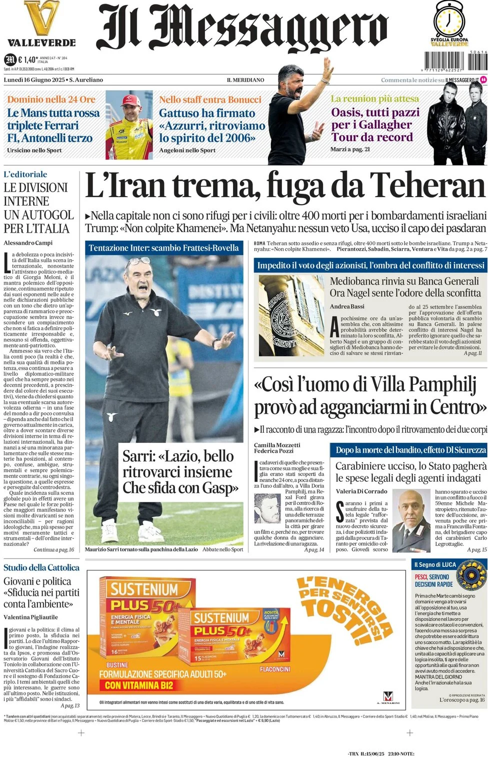 anteprima della prima pagina di Il Messaggero