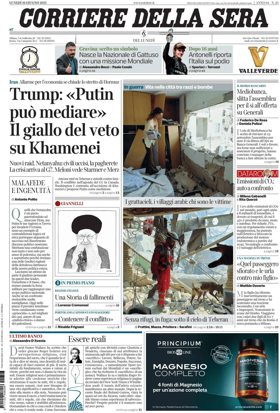 anteprima della prima pagina di Corriere della Sera