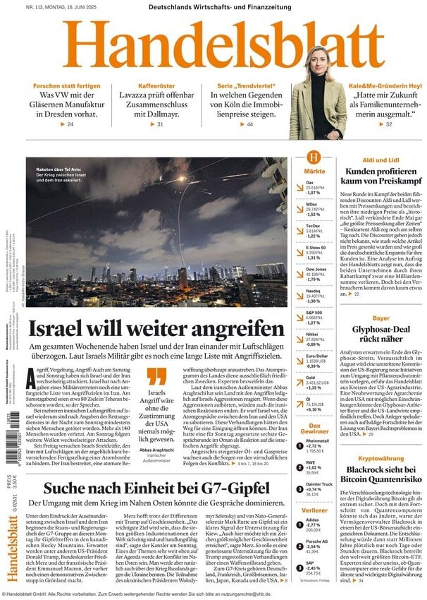 anteprima della prima pagina di Handelsblatt