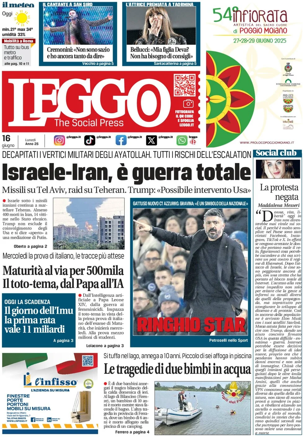 anteprima della prima pagina di Leggo (Roma)