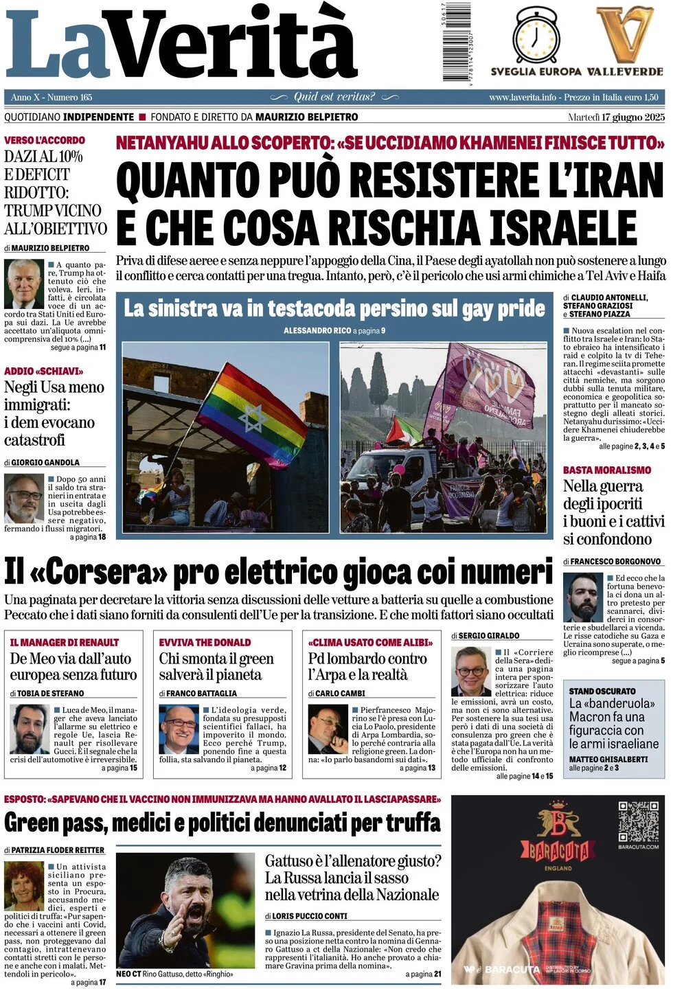 anteprima della prima pagina di La Verità