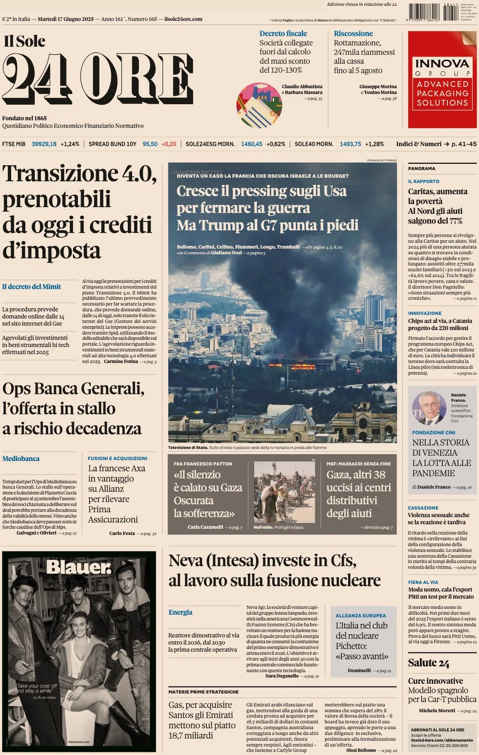 anteprima della prima pagina di Il Sole 24 Ore