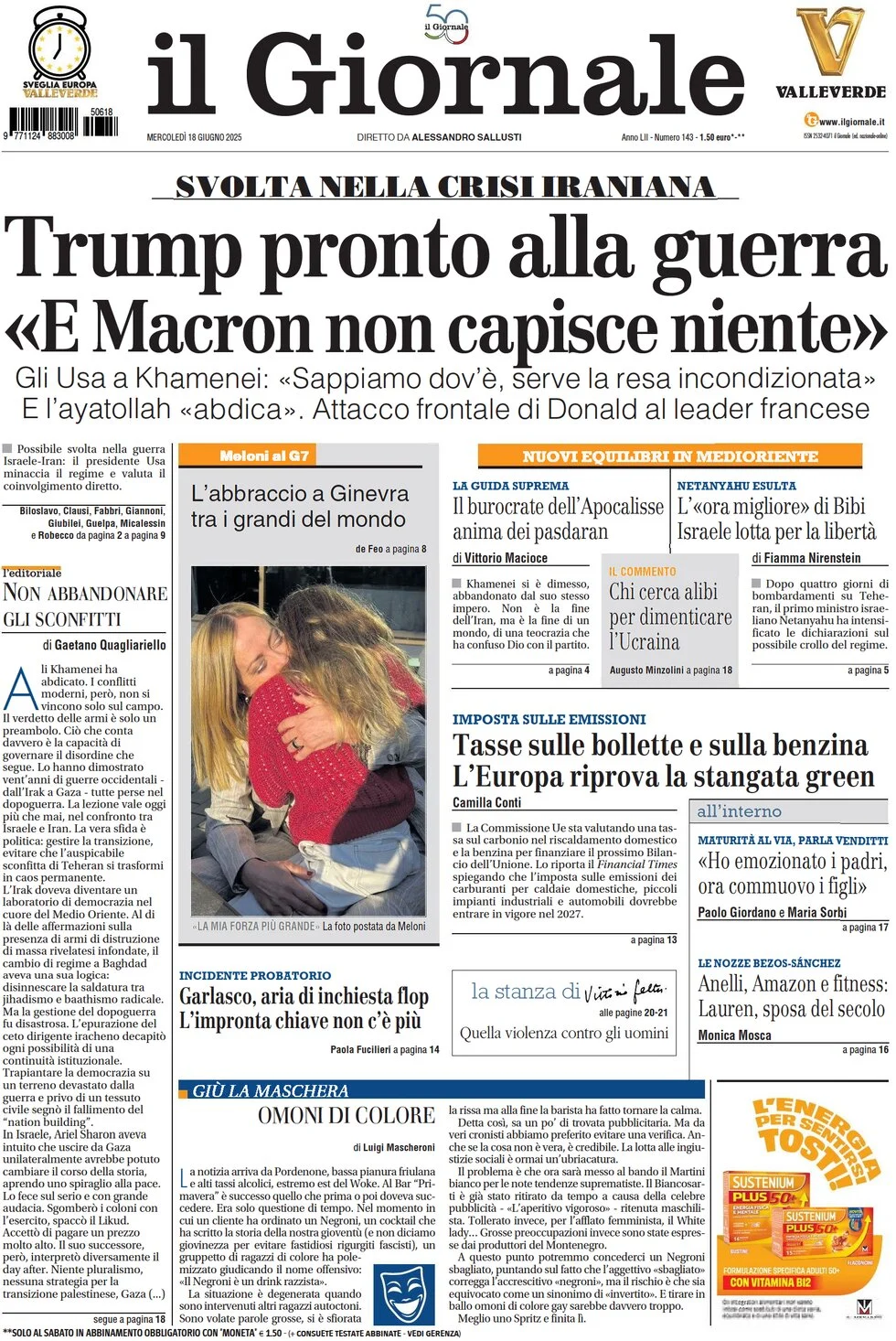 anteprima della prima pagina di il-giornale del 18/06/2025