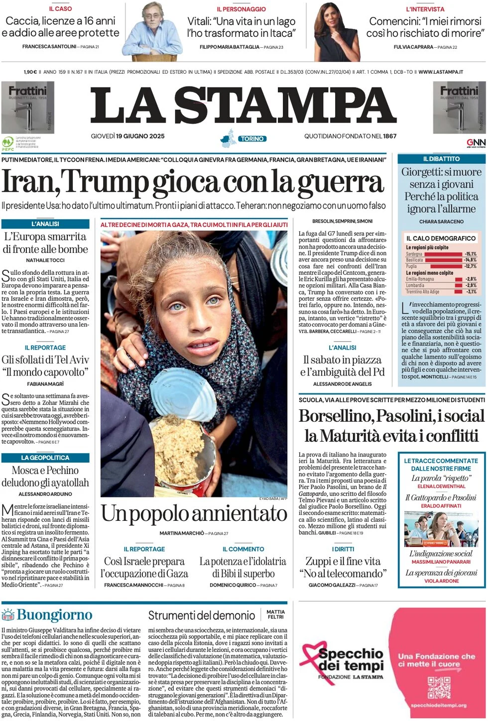 anteprima della prima pagina di la-stampa del 19/06/2025