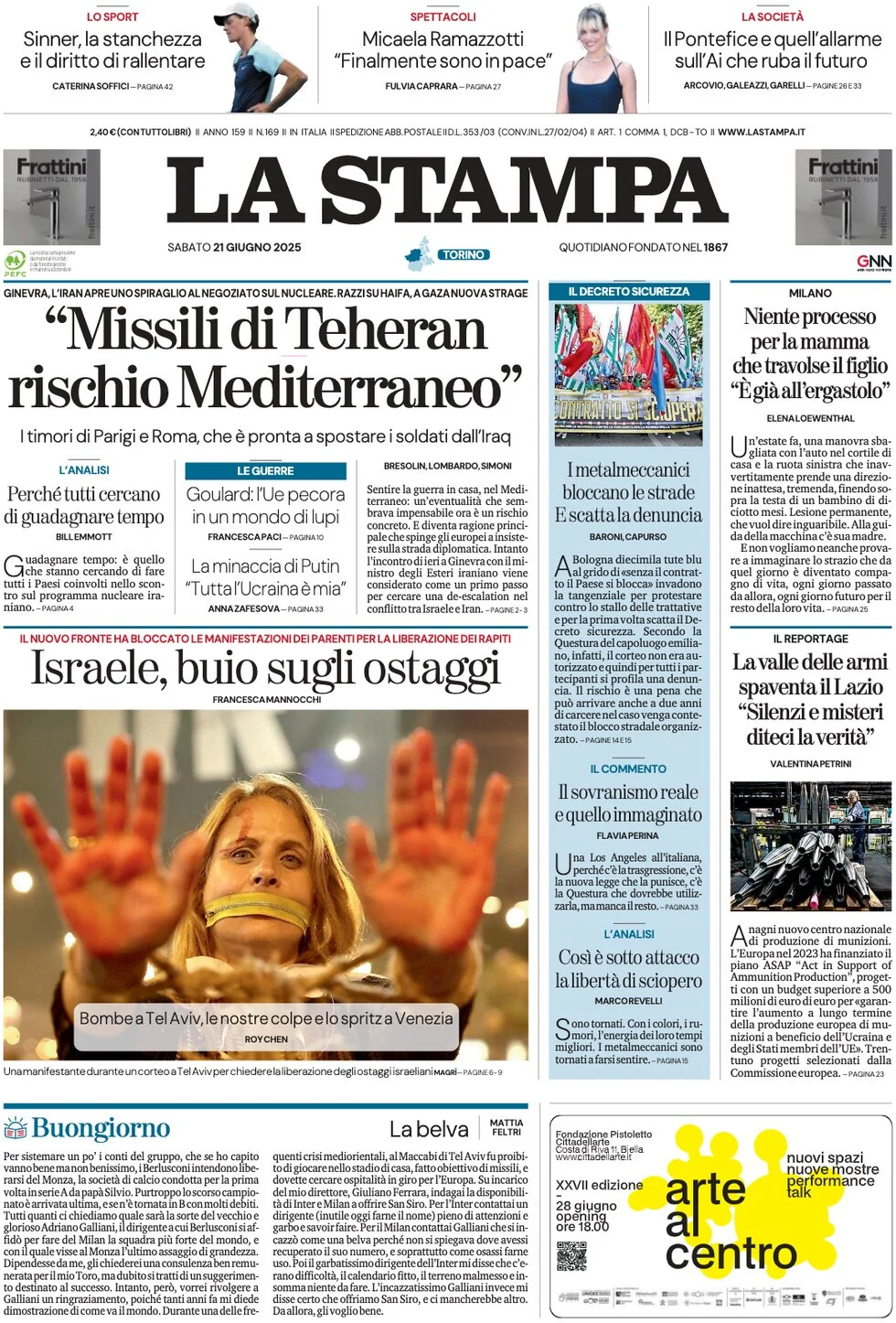 anteprima della prima pagina di la-stampa del 21/06/2025