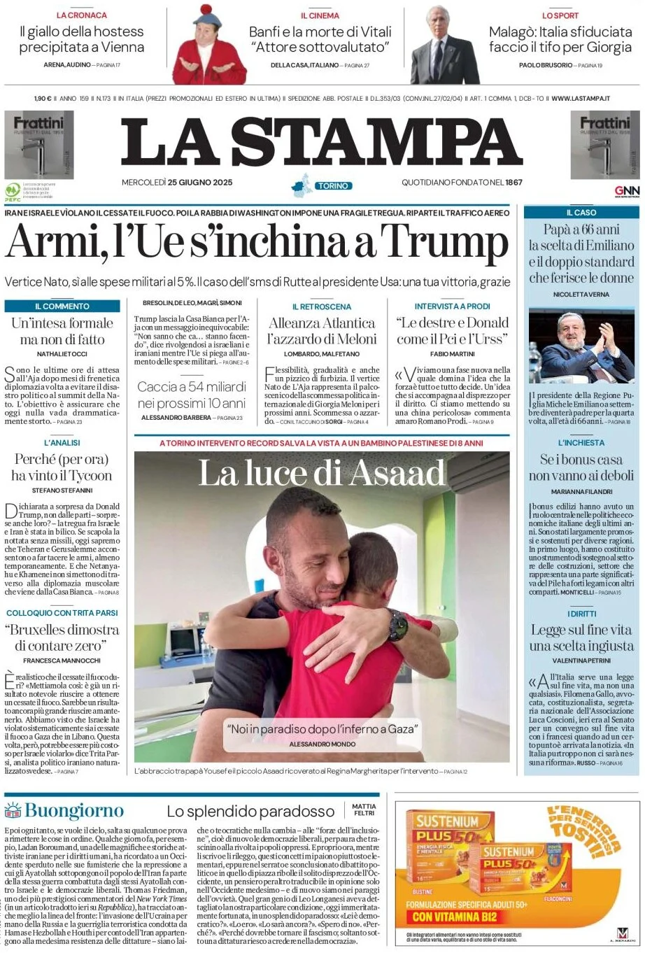 anteprima della prima pagina di la-stampa del 25/06/2025