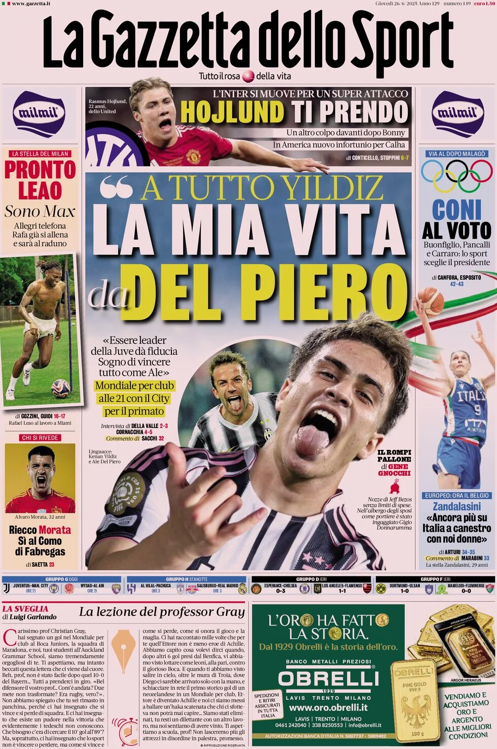 anteprima della prima pagina di la-gazzetta-dello-sport del 26/06/2025