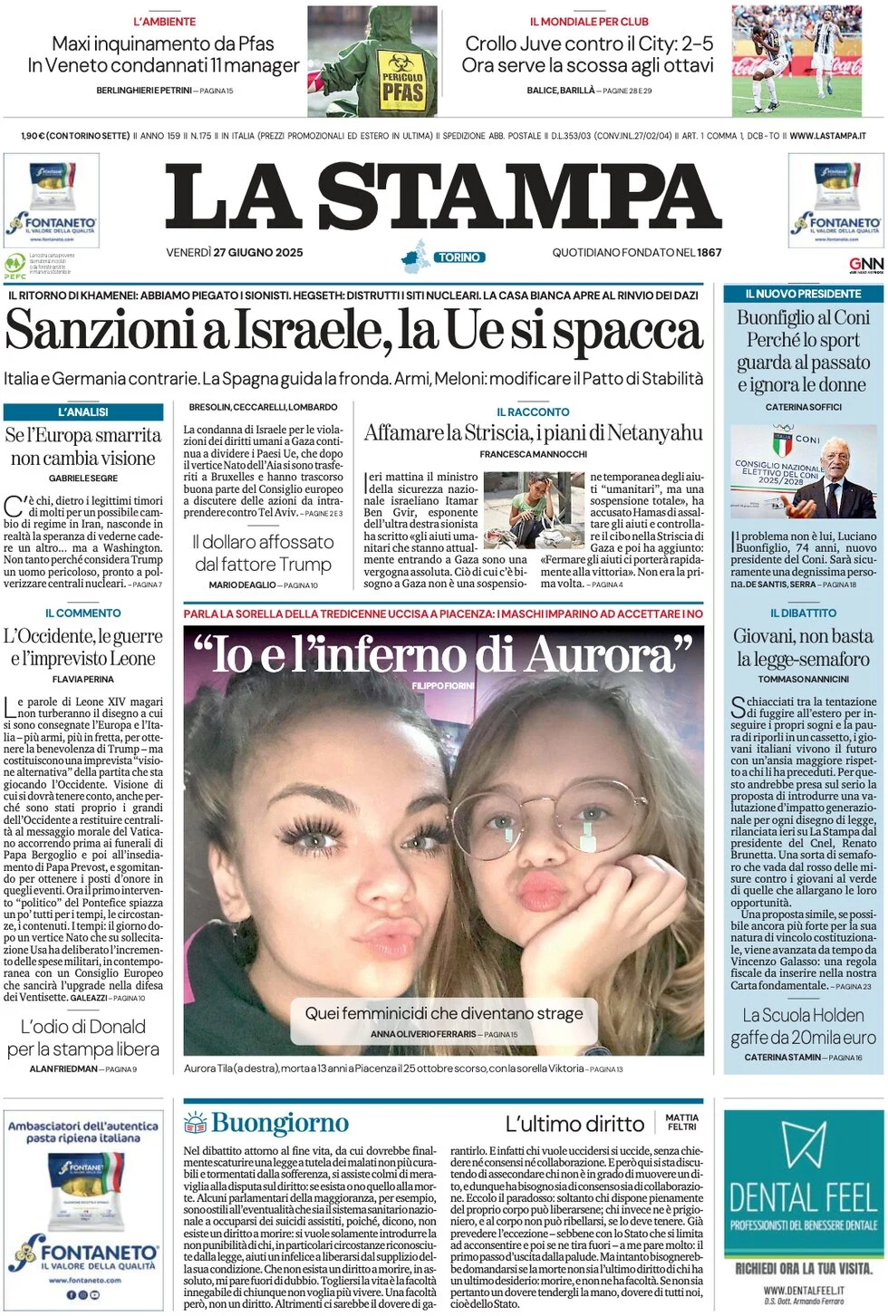 anteprima della prima pagina di la-stampa del 27/06/2025