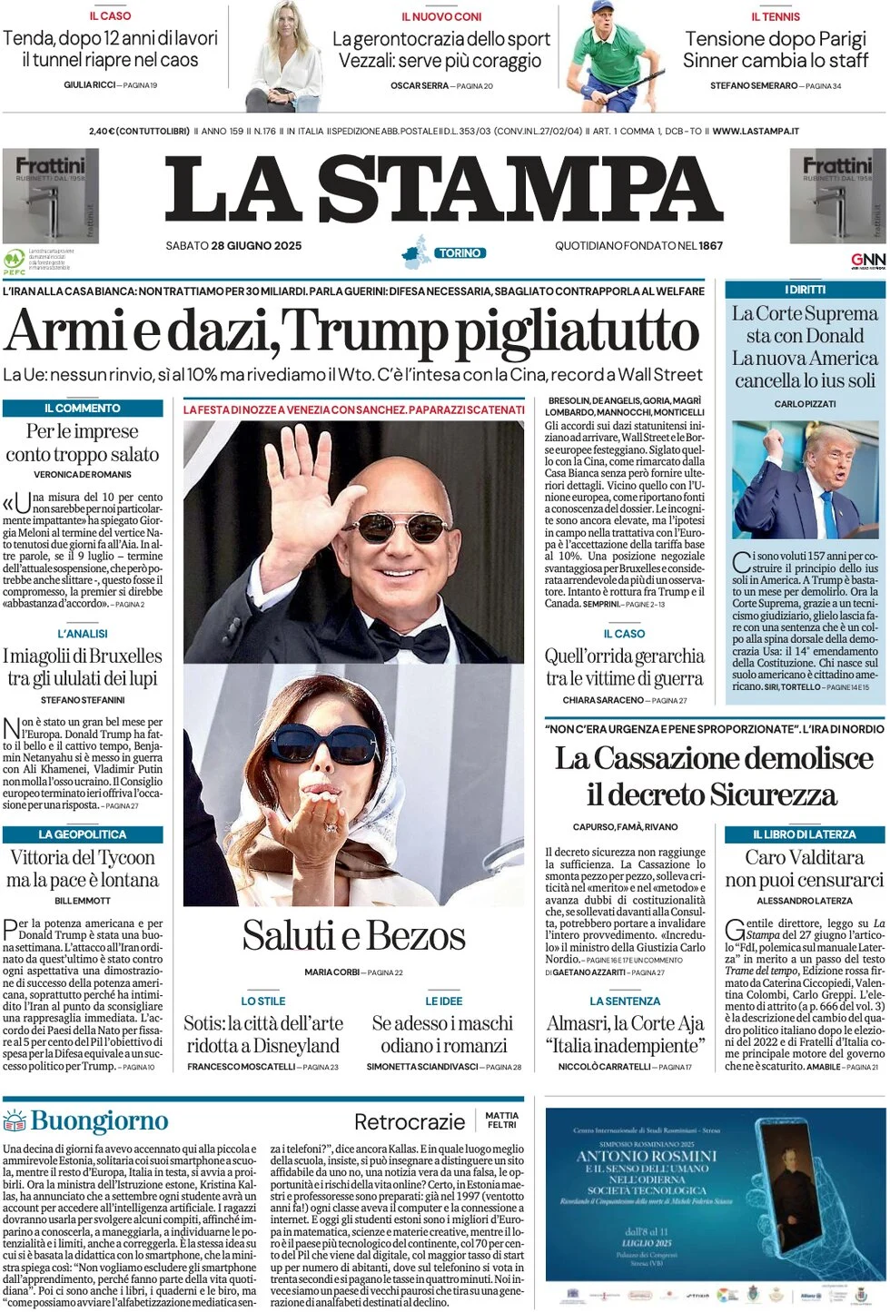anteprima della prima pagina di la-stampa del 28/06/2025