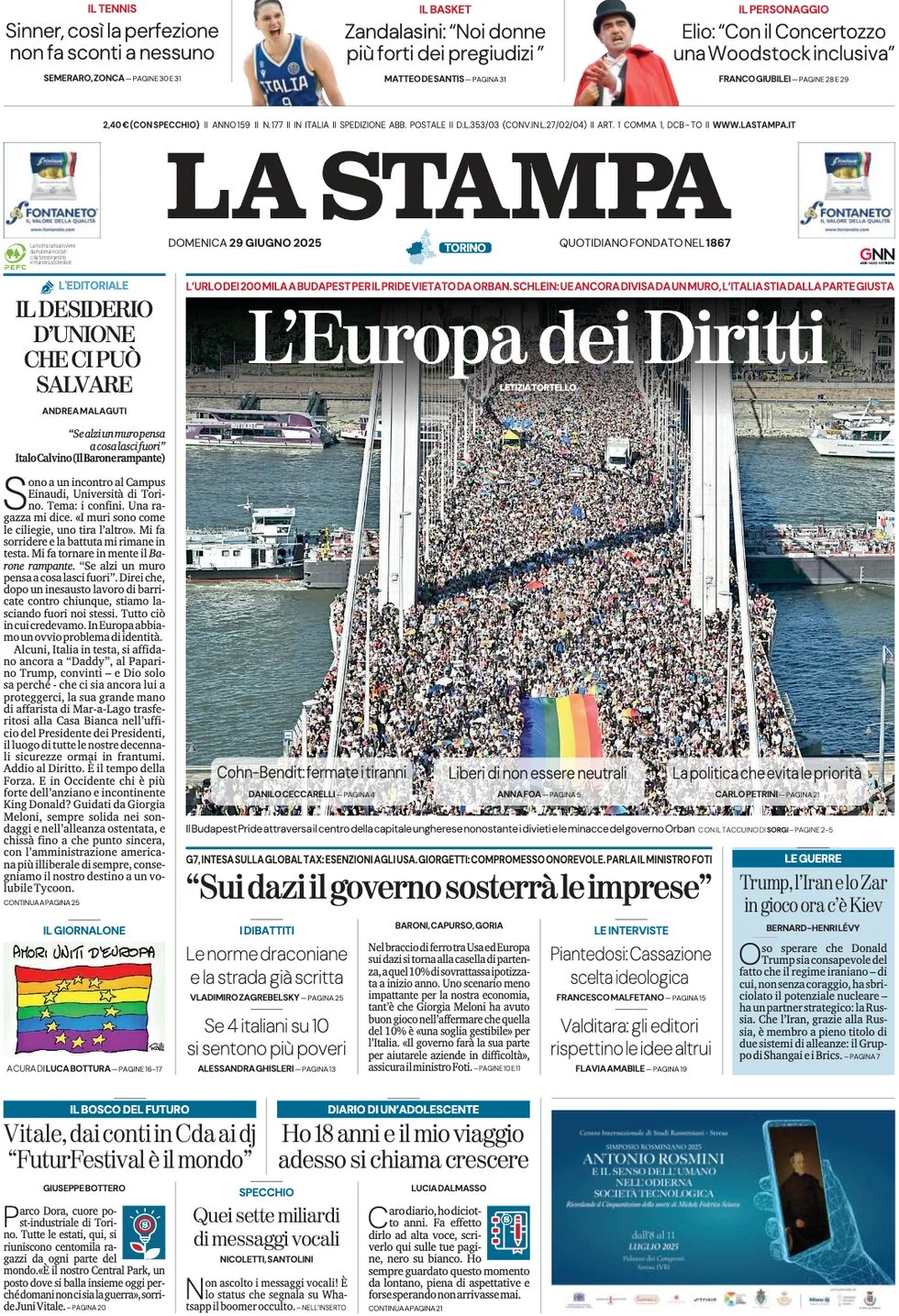 anteprima della prima pagina di la-stampa del 29/06/2025