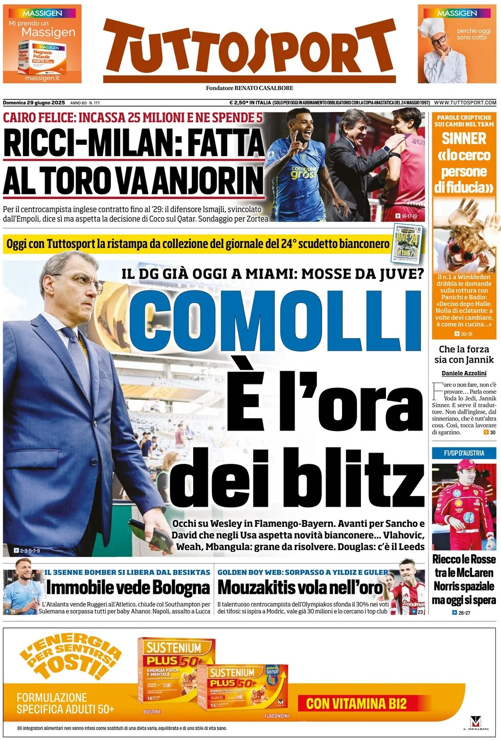 anteprima della prima pagina di tuttosport del 29/06/2025