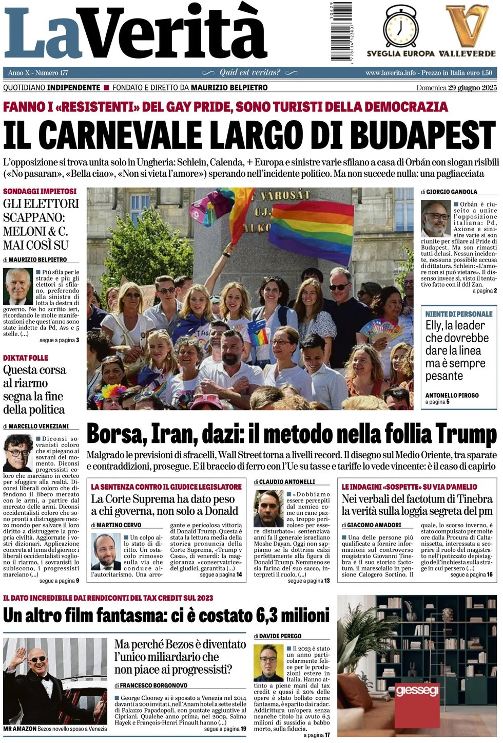 anteprima della prima pagina di la-verit del 29/06/2025