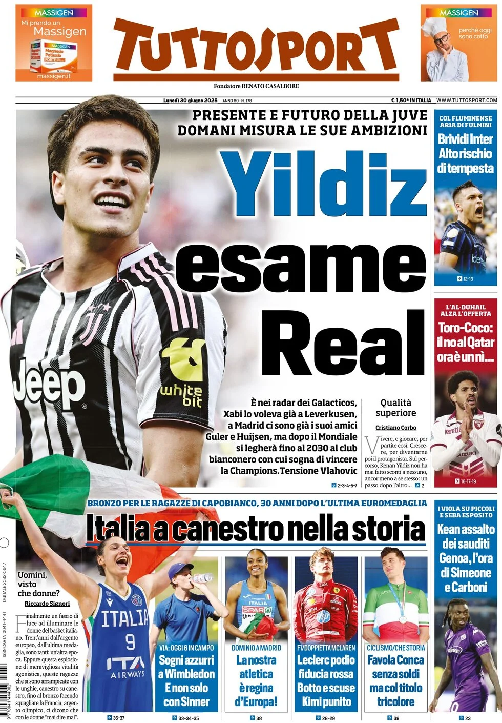 anteprima della prima pagina di tuttosport del 30/06/2025