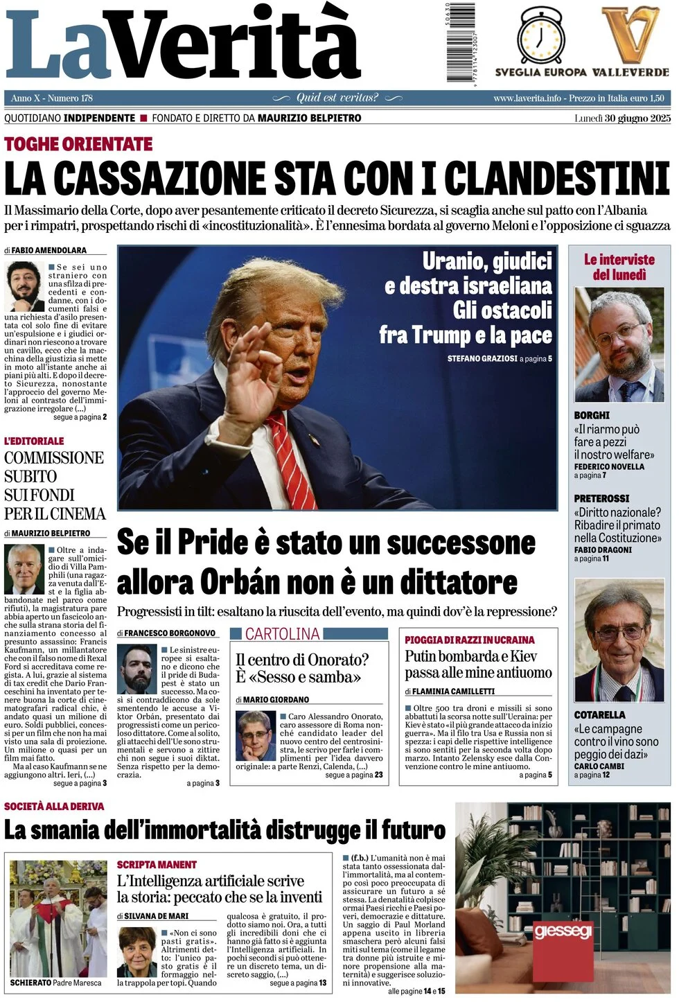 anteprima della prima pagina di la-verit del 30/06/2025
