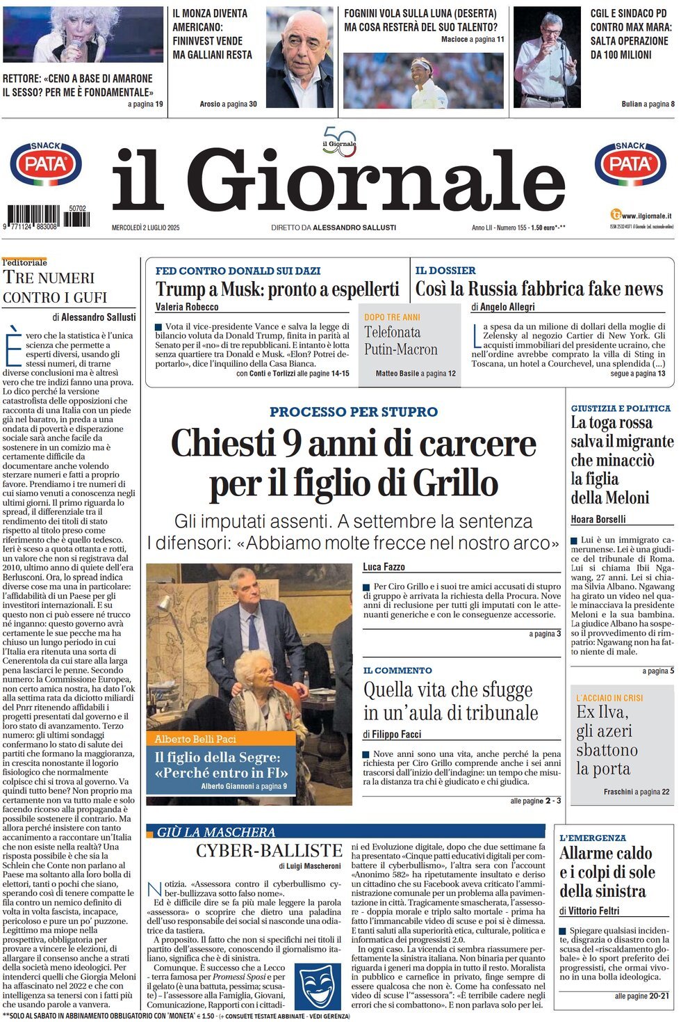 anteprima della prima pagina di il-giornale del 02/07/2025