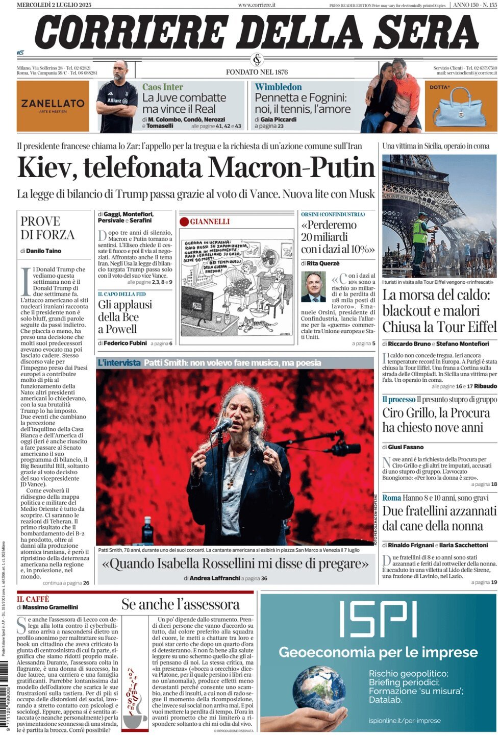 anteprima della prima pagina di corriere-della-sera del 02/07/2025