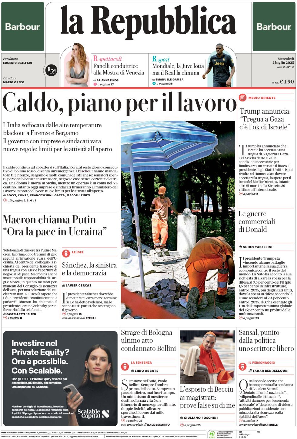 Anteprima prima pagina della rasegna stampa di ieri 2025-07-02 - la-repubblica/