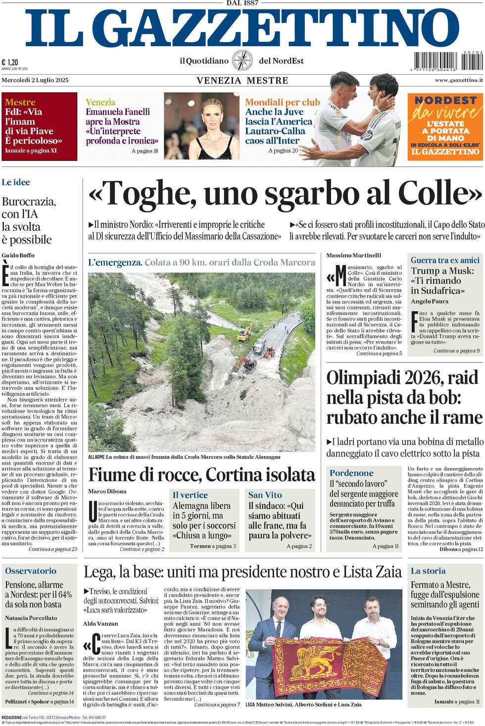 anteprima della prima pagina di Il Gazzettino