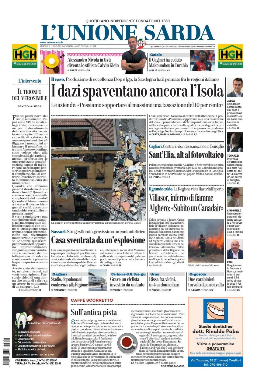 anteprima della prima pagina di L'Unione Sarda
