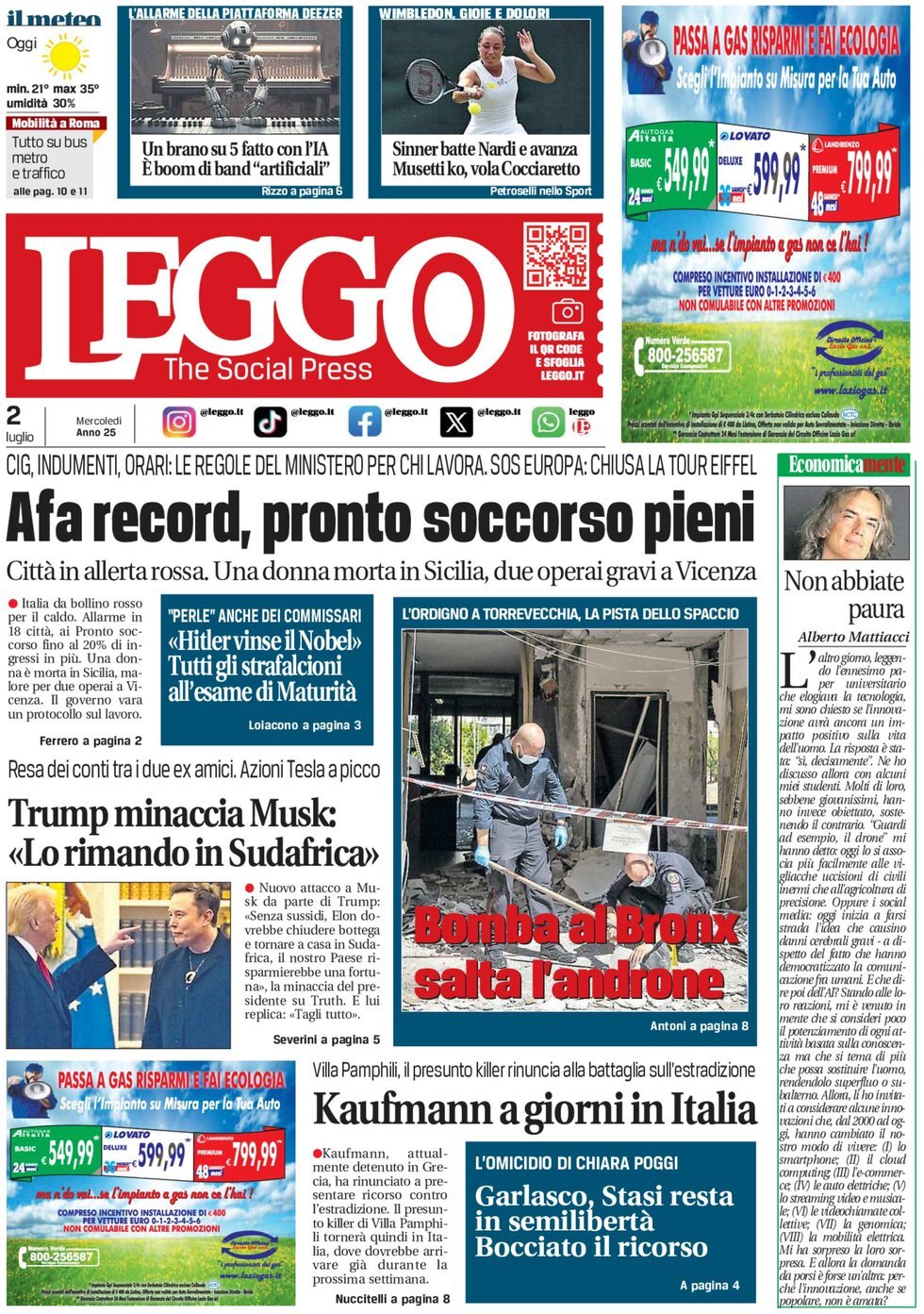 anteprima della prima pagina di Leggo (Roma)