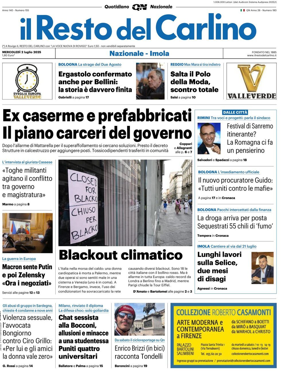 anteprima della prima pagina di Il Resto del Carlino