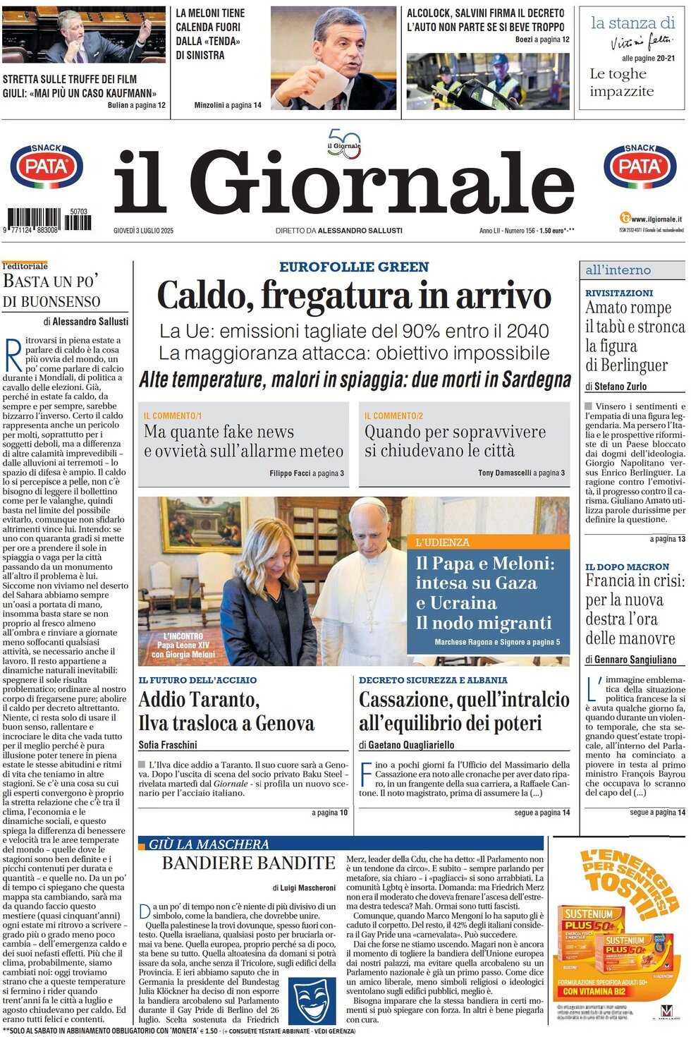 anteprima della prima pagina di il-giornale del 03/07/2025