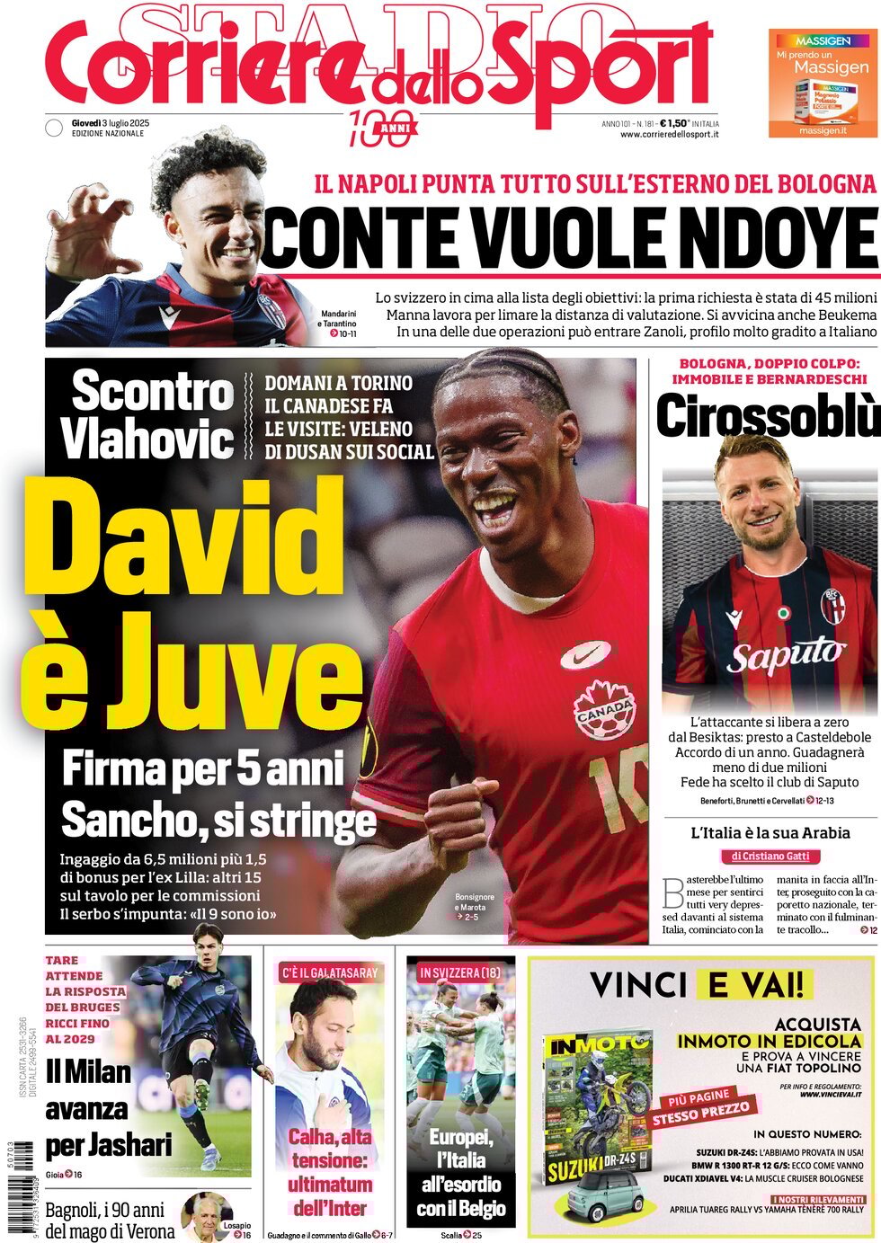 anteprima della prima pagina di corriere-dello-sport del 03/07/2025