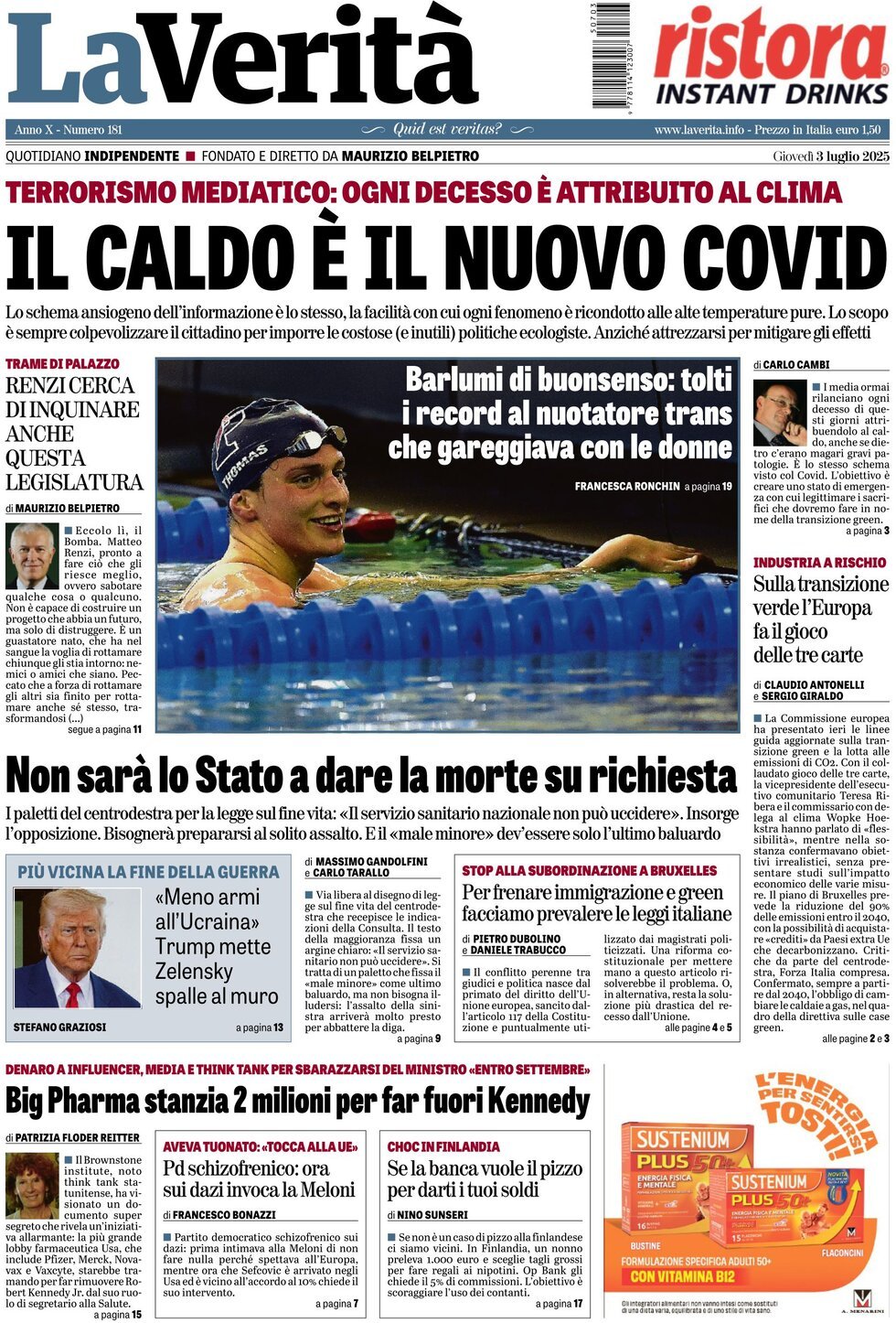 anteprima della prima pagina di la-verit del 03/07/2025