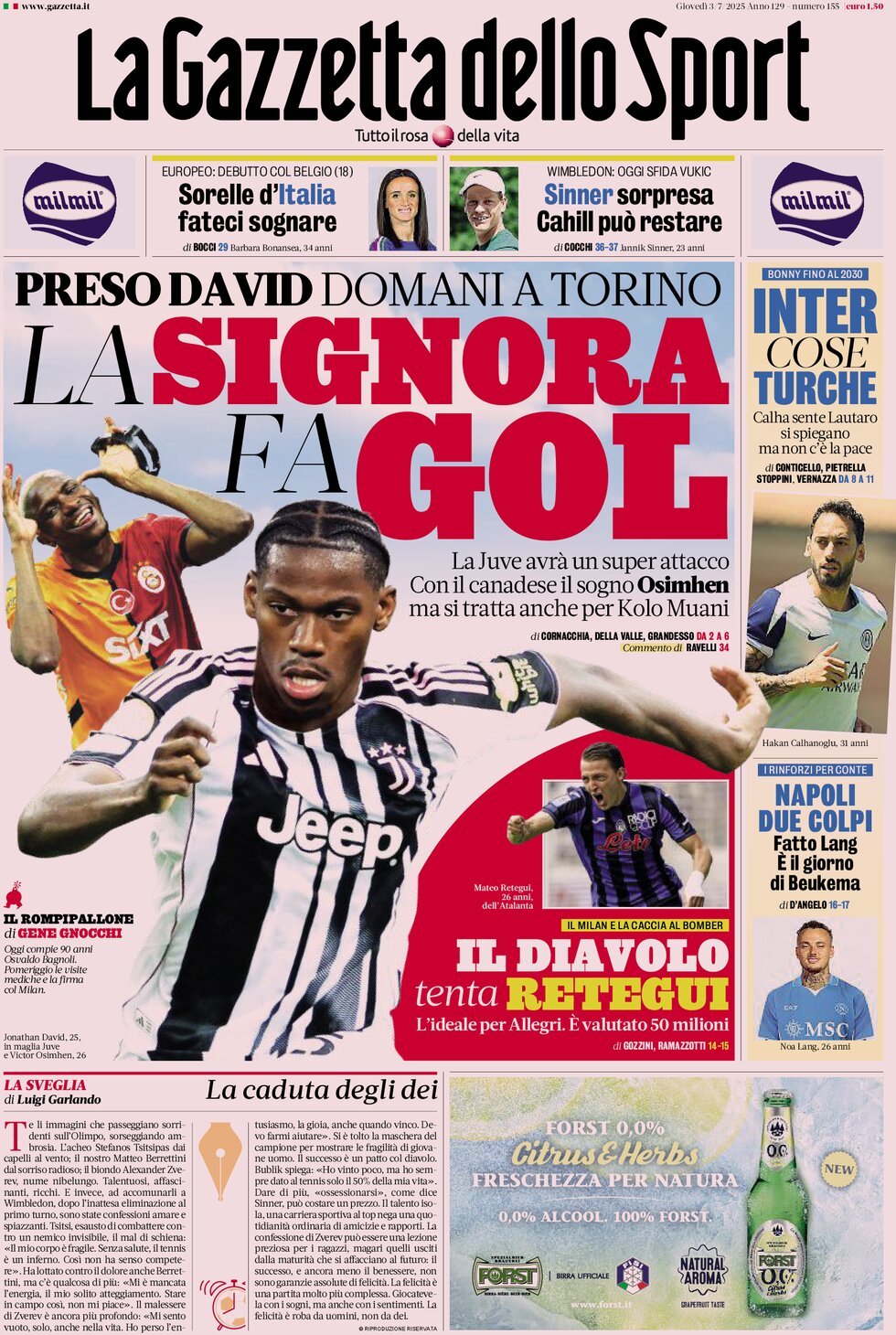 anteprima della prima pagina di la-gazzetta-dello-sport del 03/07/2025