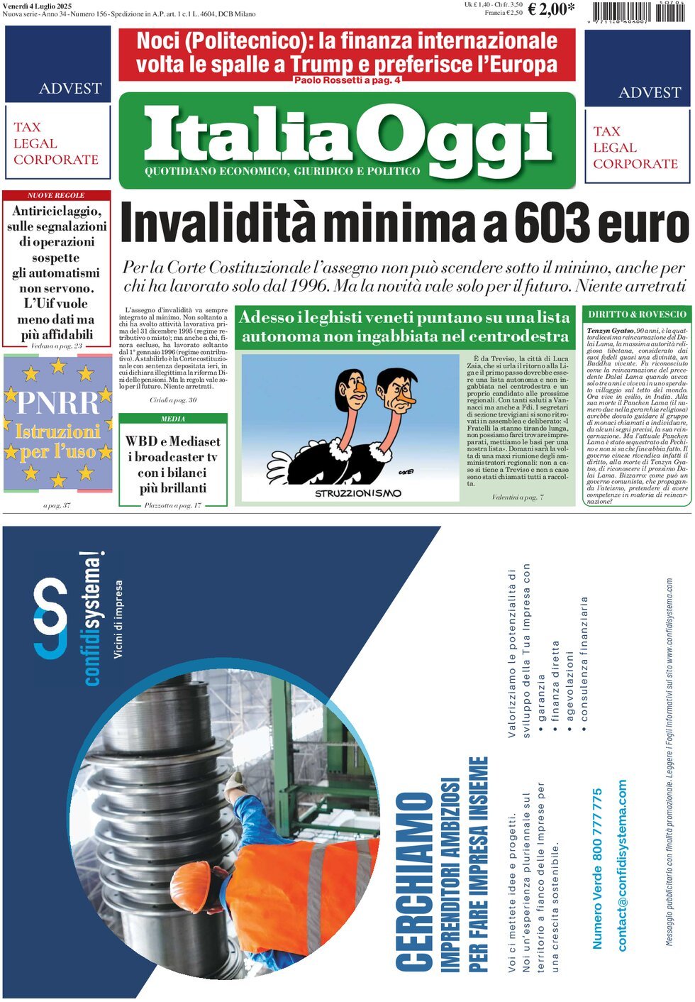 Anteprima prima pagina della rasegna stampa di ieri 2025-07-04 - italia-oggi/